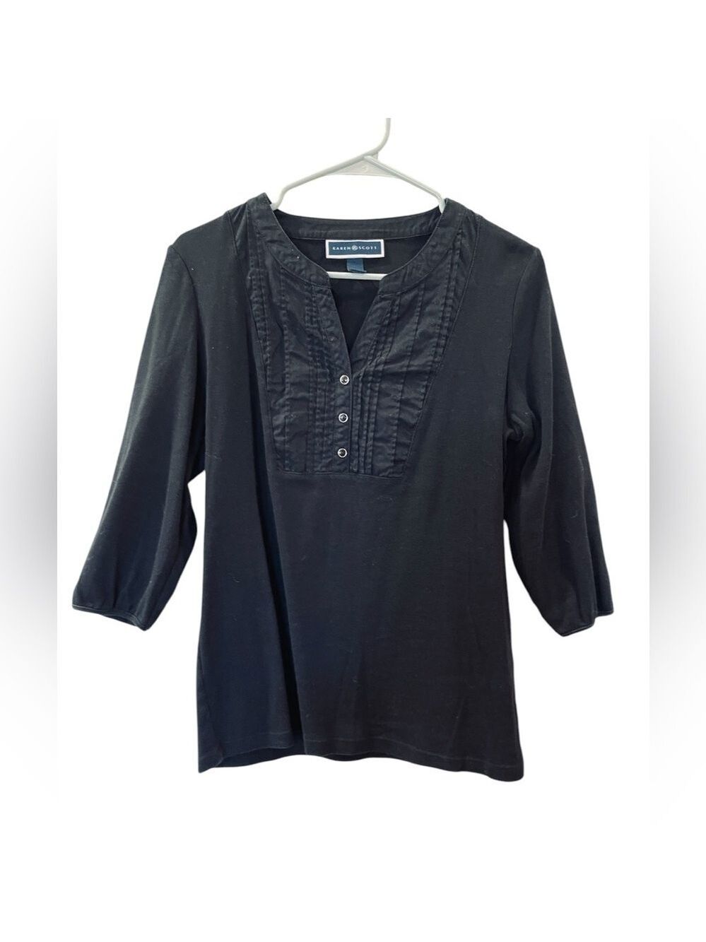 Karen Scott Women’s 3/4 Sleeve V-Neck Popover Shirt Top Black Size Medium